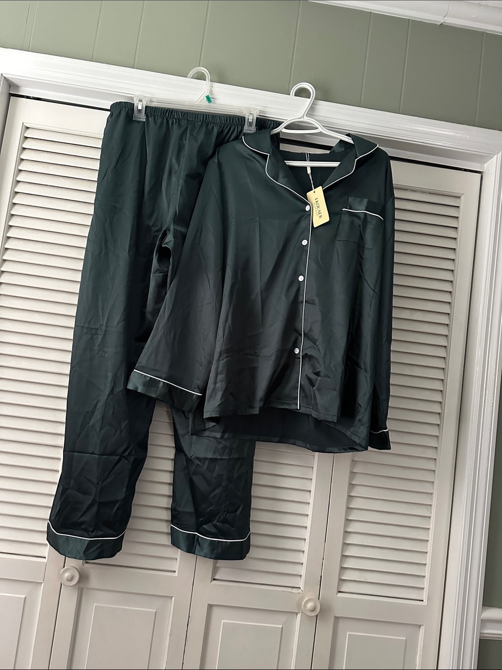 Women's Dark Green Satin Pajama Set with White Piping